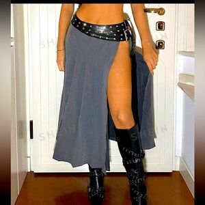 Pleated High Slit Grey Skirt with Adjustable Double Belt